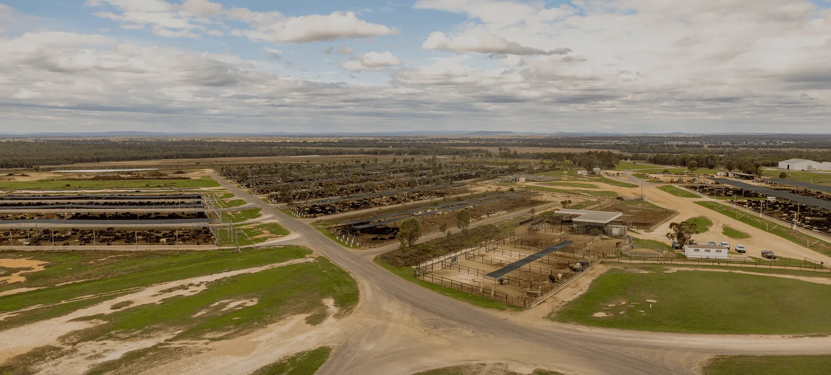 Aerial view of an Allied Beef property showing feedlot pens and grazing country